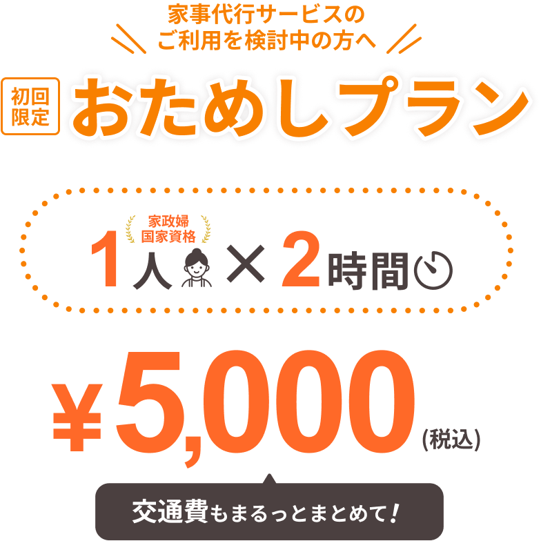 家事代行サービスのご利用を検討中の方へ 初回限定 おためしプラン 1人（家政婦国家資格）× 2時間 ¥5,000（税込） 交通費もまるっとまとめて！