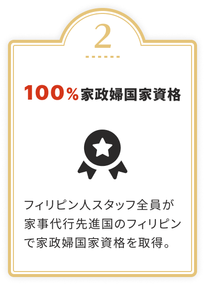 100％家政婦国家資格
			フィリピン人スタッフ全員が家事代行先進国のフィリピンで家政婦国家資格を取得。