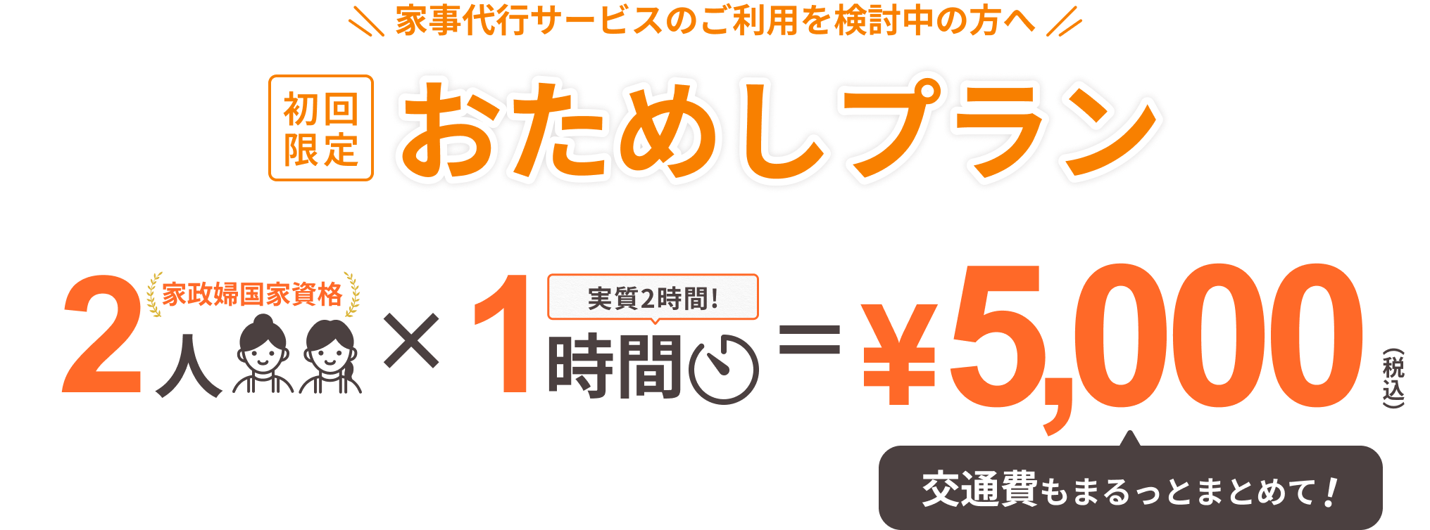 家事代行サービスのご利用を検討中の方へ 初回限定 おためしプラン 2人（家政婦国家資格）× 1時間（実質2時間！） ＝ ¥5,000（税込） 交通費もまるっとまとめて！