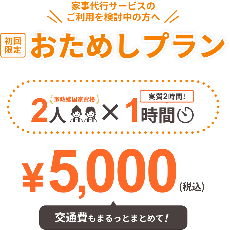 家事代行サービスのご利用を検討中の方へ 初回限定 おためしプラン 2人（家政婦国家資格）× 1時間（実質2時間！） ＝ ¥5,000（税込） 交通費もまるっとまとめて！