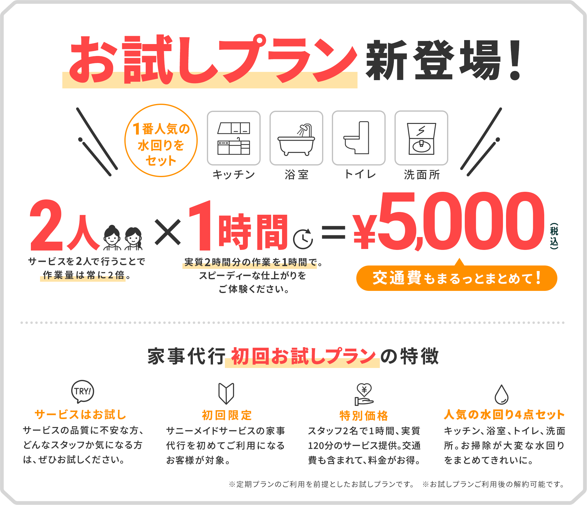 お試しプラン新登場！　一番人気の水回りをセット　交通費もまるっとまとめて！8,800円（税込み）