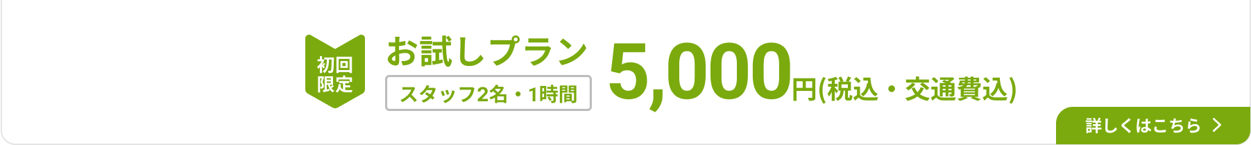初回限定お試しプラン スタッフ2名・1時間 5,000円(税込) 交通費込み