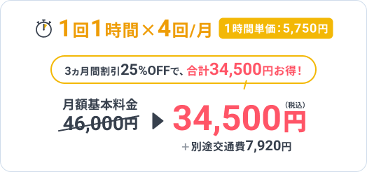 1回1時間 4回月 3カ月間割引25%OFFで34,500円