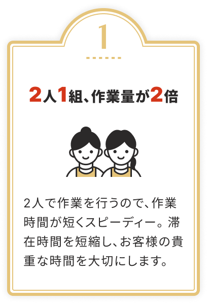 2人1組、作業量が2倍 2人で作業を行うので、作業時間が短くスピーディー。滞在時間を短縮し、お客様の貴重な時間を大切にします。