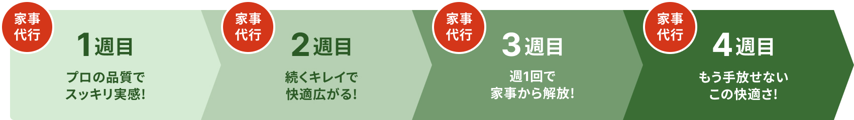 1週目：プロの品質でスッキリ実感！
					  2週目：続くキレイで快適広がる！
					  3週目：週1回で家事から解放！
					  4週目：もう手放せないこの快適さ！